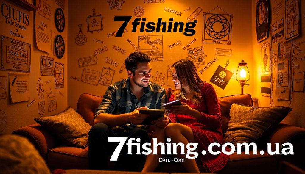 A cozy room with a pair of adventurous adventurers engaged in a thrilling quest game, surrounded by clues and puzzles on the walls. Warm golden lighting casts a welcoming glow, while a plush sofa and soft textiles create a comfortable, intimate atmosphere. In the background, the 7fishing.com.ua logo subtly indicates the location of this unique date night experience.