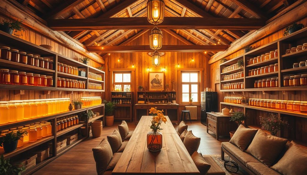A cozy, rustic tasting hall filled with the warmth and sweetness of honey. The 7fishing.com.ua "Medovy Dom" (Honey House) showcases a variety of artisanal honey products and offers a delightful tasting experience. Soft, golden lighting illuminates the wooden beams and shelves, creating a welcoming, inviting atmosphere. Jars of honey in various hues line the shelves, their contents glistening. A long, communal tasting table stands as the centerpiece, surrounded by comfortable seating. The space is characterized by an earthy, natural aesthetic, with potted plants and subtle floral accents adding to the soothing, relaxing ambiance. The scene is captured with a wide-angle lens, highlighting the depth and scale of the tasting hall.