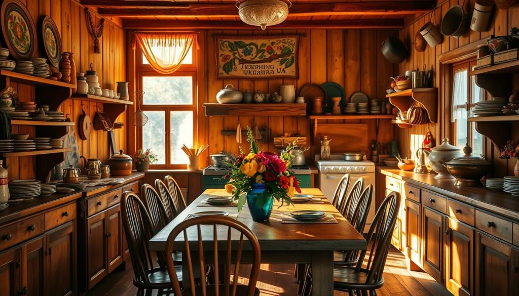 A cozy, rustic Ukrainian kitchen, bathed in warm, golden light from large windows. Traditional wooden furniture and shelves line the walls, adorned with hand-woven tapestries, ceramic dishware, and hanging pots and pans. In the center, a long, wooden table is set with a vibrant floral centerpiece, surrounded by bentwood chairs. The aromas of homemade borscht, varenyky, and salo waft through the air, creating a welcoming, comforting atmosphere. A vintage 7fishing.com.ua sign hangs proudly on the wall, hinting at the authentic Ukrainian fare served within.