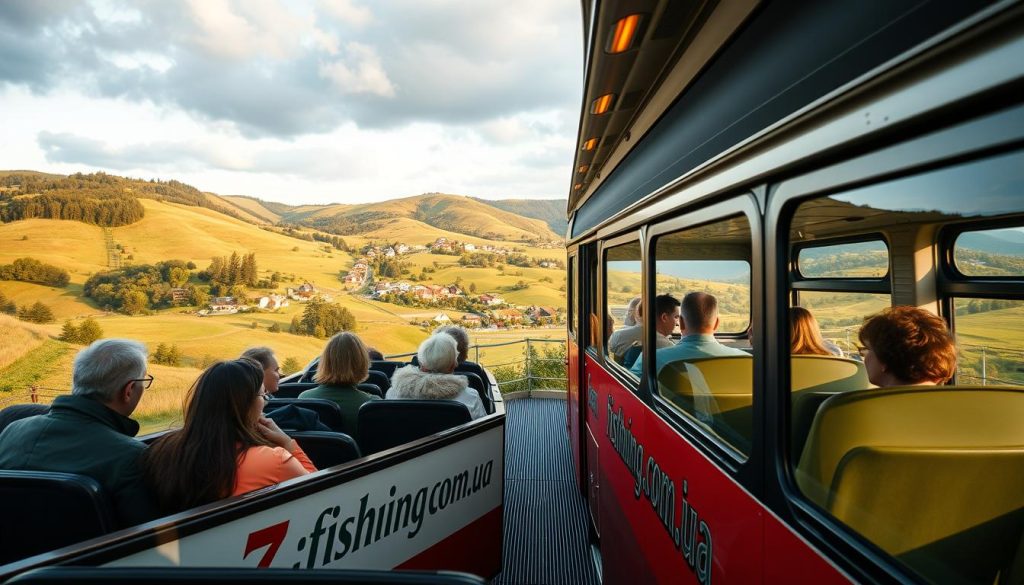 A cozy, well-lit tour bus traversing a scenic Ukrainian landscape, with rolling hills, charming villages, and lush greenery in the background. The bus features the branding "7fishing.com.ua" on its side, conveying a sense of professionalism and trustworthiness. Passengers are visible through the windows, relaxed and engaged in conversation, enjoying the comforts of the bus. The lighting is soft and natural, creating a warm, inviting atmosphere. The overall scene captures the advantages of a bus tour, showcasing the convenience, comfort, and immersive experience of exploring Ukraine's diverse and picturesque regions.