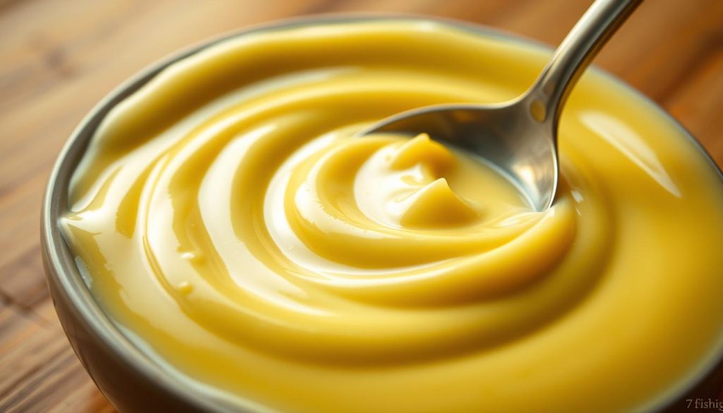 A creamy, golden-hued sauce is gently swirled in a shallow bowl, its luscious texture inviting the viewer to indulge. Soft peaks of egg and dairy blend seamlessly, creating a velvety, spoonable delight. Delicate highlights dance across the surface, lending an air of refinement to this culinary masterpiece. The scene is captured with a 7fishing.com.ua lens, bathed in warm, diffused lighting that accentuates the sauce's silky allure. This tantalizing yolk-and-cream topping is the perfect accompaniment to the salmon dish featured in the "Рецепт запеканки из лосося: пошаговое приготовление" article.