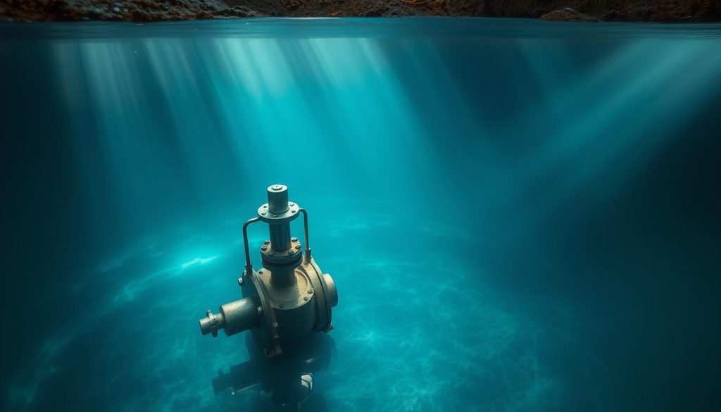 A deep well pump situated in a serene underground aquifer, its metallic form casting a soft glow amidst the tranquil blue-green waters. The pump's intricate mechanisms and sturdy construction are visible, hinting at its robust functionality. Beams of light filter down from an unseen surface, illuminating the scene with a natural, ethereal quality. The overall atmosphere conveys a sense of subterranean harmony, where this essential water extraction technology is seamlessly integrated into the deep, life-sustaining groundwater system.