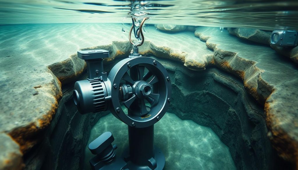 A deep well pump submerged in a serene underground water reservoir, its metallic housing glistening under the soft diffused lighting. The pump's impeller and motor assembly are visible, showcasing the technical precision of its design. The pump is situated amidst smooth rock formations and sedimentary layers, reflecting the depth and geological history of the aquifer. The scene conveys a sense of quiet efficiency, as the pump quietly extracts water from the hidden depths to be distributed through the plumbing system above. The image captures the essential parameters for selecting and installing this specialized pumping equipment to access and manage the resources of a deep water body.