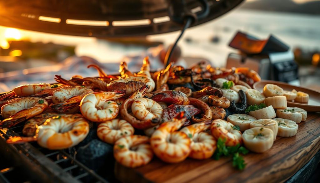 A delectable array of grilled seafood, sizzling on a charcoal grill against a backdrop of sunset-kissed coastal scenery. Succulent shrimp, tender octopus, and juicy scallops are arranged artfully, their charred edges glistening with a light drizzle of lemon-infused olive oil. The aroma of smoked paprika and garlic wafts through the air, creating a tantalizing atmosphere. Rustic wooden serving platters and a scattering of fresh herbs complete the relaxed, al fresco dining scene. Dramatic lighting casts warm, golden hues across the composition, evoking the mood of a cozy, intimate gathering to savor the bounty of the sea.