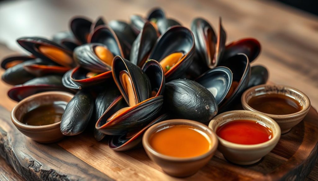 A delicate arrangement of freshly steamed mussels resting on a wooden board, accompanied by an array of dipping sauces in small ceramic bowls. The mussels, glistening with briny juices, are presented in a visually striking manner, their deep purple shells contrasting beautifully with the rustic wooden surface. The sauces, each with its own distinct color and texture, invite the viewer to explore the diverse flavor profiles that can be paired with the tender mollusks. Soft, diffused lighting illuminates the scene, creating a warm and inviting atmosphere, while the camera angle showcases the dish in a manner that emphasizes its elegance and culinary appeal.
