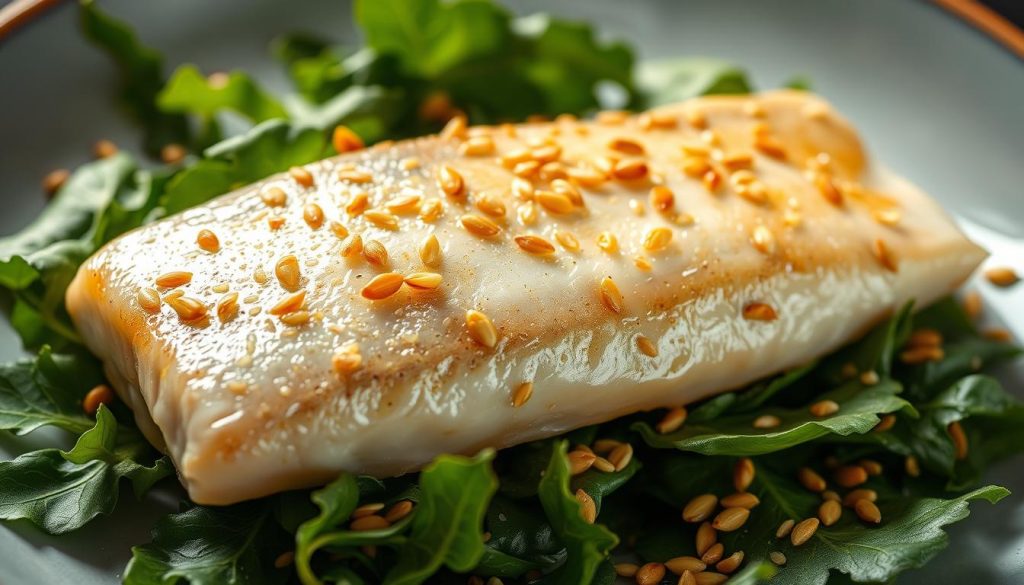 A delicate fillet of fresh sea trout, glistening with a drizzle of fragrant sesame oil, rests upon a bed of vibrant green leaves. Sesame seeds, toasted to a golden hue, are scattered across the surface, adding a delightful crunch. Soft lighting casts a warm, inviting glow, highlighting the intricate textures and colors of this elegant 7fishing.com.ua dish. The composition is balanced and visually appealing, inviting the viewer to savor the flavors of this simple yet sophisticated seafood recipe.