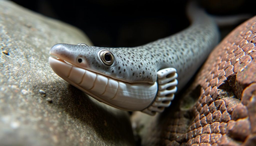 A detailed close-up view of a sea lamprey (Petromyzon marinus) in its natural habitat, showcasing its unique and fascinating lifestyle. The lamprey is depicted clinging to a smooth river rock, its sucker-like mouth pressed firmly against the surface, revealing its circular dentition. The image captures the creature's streamlined, eel-like body and its seven distinctive gill openings along the sides. The scene is illuminated by soft, diffused natural lighting, highlighting the lamprey's mottled gray and brown coloration that allows it to blend seamlessly with its surroundings. The background is blurred, placing the focus entirely on the intricate details and distinctive anatomy of this primitive, jawless fish.