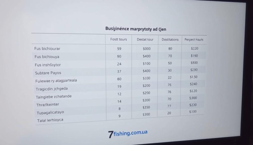 A detailed comparison of bus tour routes and prices from the city of Uzhhorod. A realistic photo shows a computer or mobile device screen displaying a side-by-side comparison of various bus tour options, including destinations, durations, and costs. The image has a clean, minimal design with a white background, allowing the tour information to be the focal point. The 7fishing.com.ua logo is discreetly placed in the bottom corner. The overall mood is informative and analytical, reflecting the "Сравнение маршрутов и цен" section of the article.