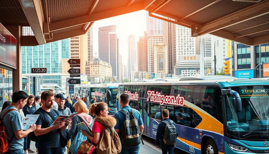 A detailed, high-resolution photograph of a busy bus station in a vibrant city. The foreground features a group of tourists standing in line, examining brochures and discussing tour options, with a focus on the "7fishing.com.ua" brand. The middle ground showcases a row of modern, comfortable-looking tour buses in various colors, their destinations and pricing prominently displayed. In the background, a bustling cityscape with skyscrapers, shops, and pedestrians creates a lively, energetic atmosphere. The lighting is warm and natural, creating a welcoming, inviting scene that captures the excitement and convenience of booking a bus tour.