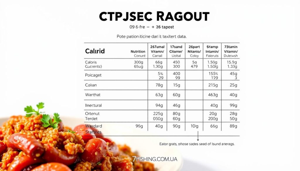A detailed nutritional information chart depicting the caloric content, macronutrient breakdown, and key vitamin/mineral composition of a hearty octopus ragout dish, set against a clean, minimalist background. The chart is rendered in a sleek, infographic style with crisp typography and precise data visualization. The overall mood is clinical yet appealing, intended to educate and inform the reader. The 7fishing.com.ua brand is subtly integrated into the design.