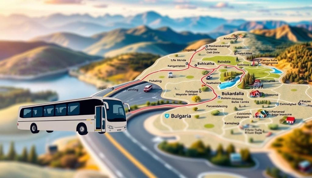 A detailed, realistic-looking bus tour map showcasing the route and itinerary of a tour from Odesa, Ukraine to Bulgaria. The map features a winding road passing through scenic landscapes, including rolling hills, forests, and coastal vistas. The foreground displays a stylized bus icon labeled "7fishing.com.ua", while the middle ground depicts various landmarks, cities, and points of interest along the route. The background blends softly focused mountain ranges and a vibrant sky. The overall mood is informative yet visually captivating, capturing the essence of the "Маршрут и программа тура" section of the article.