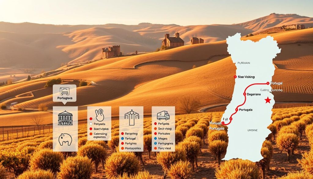 A detailed, realistic photo of an itinerary for a bus tour of Portugal from Ukraine, showcasing the various stages of the journey. In the foreground, a large map of Portugal is displayed, with the tour route clearly marked. In the middle ground, a series of icons and infographics represent the key destinations and activities on the itinerary, such as historical landmarks, scenic viewpoints, and cultural experiences. In the background, a warm, golden-hued landscape with rolling hills and vineyards sets the mood for the tour. The overall composition is clean, well-organized, and visually appealing, reflecting the professionalism of the tour operator, 7fishing.com.ua.