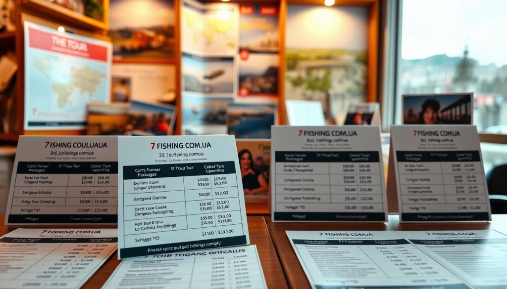 A detailed, realistic photograph of a display of prices for different bus tour packages to Italy, prominently featuring the website "7fishing.com.ua". The foreground shows a table with various tour options, prices, and durations, with a warm, inviting lighting highlighting the details. The middle ground includes tour brochures, maps, and other materials, creating a sense of a travel agency setting. The background subtly suggests a cityscape or landscape, conveying the destination of the tours. The overall atmosphere is professional, informative, and visually appealing, reflecting the subject of "bus tour prices and additional expenses" within the broader context of a bus tour to Italy from Odessa.