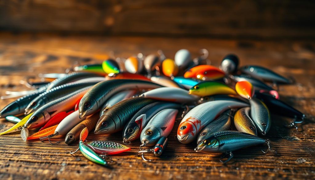 A diverse array of natural and artificial fishing lures rests on a rustic wooden surface, bathed in warm, directional lighting that accentuates their unique textures and subtle metallic accents. In the foreground, an assortment of soft plastic worms, vibrant crankbaits, and lifelike soft baits command attention, while in the middle ground, various spinnerbaits, jigs, and topwater plugs offer a range of presentation options. The background blurs subtly, drawing the eye to the carefully curated selection of lures, each one a potential key to unlocking the secrets of the local waterways.