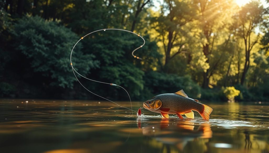 A fly fisherman expertly casting a spinning rod, the line arcing gracefully through the air above a serene river surrounded by lush, verdant foliage. The sunlight filters through the trees, casting a warm, natural glow on the scene. The fisherman is poised with perfect form, his movements fluid and practiced, as he prepares to present the lure to a wary, trophy-sized Chub lurking in the shallows. The composition emphasizes the tranquility of the moment, capturing the essence of an effective, time-honored technique for catching this elusive, yet highly prized freshwater game fish.