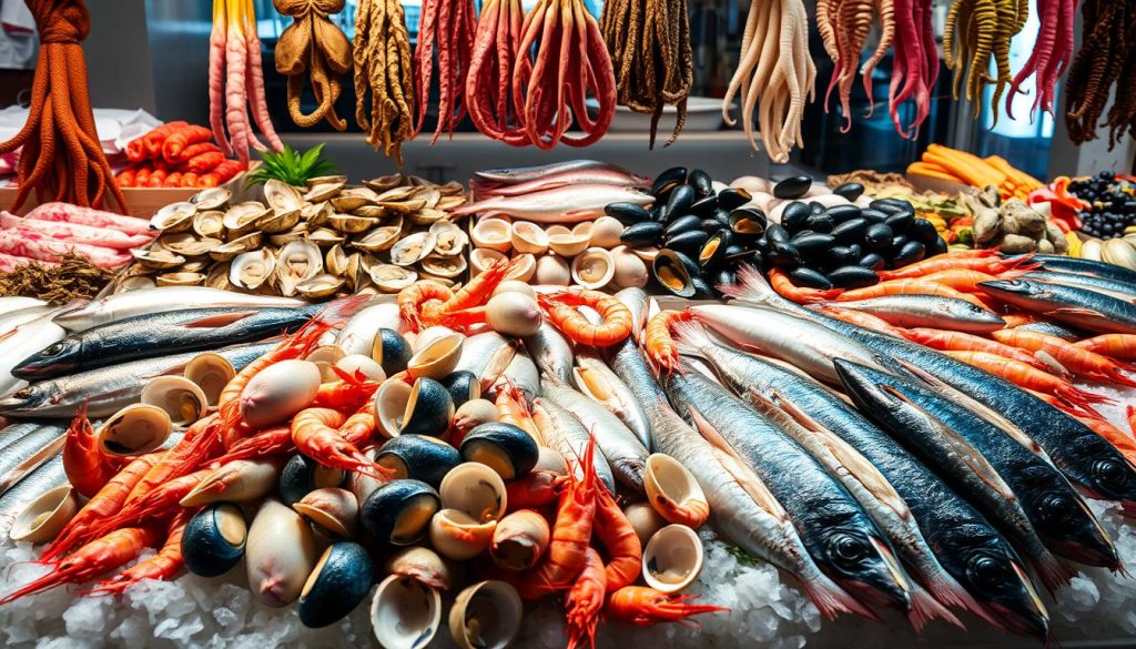 A fresh seafood market display, showcasing a vibrant array of high-quality, sustainably sourced marine delicacies. In the foreground, glistening whole fish, clams, and prawns are artfully arranged on a bed of crushed ice. The middle ground features a variety of shucked oysters, mussels, and scallops, their pearly shells gently opened. In the background, hanging whole octopus and squid add depth and visual interest. Soft, natural lighting illuminates the scene, highlighting the intricate textures and vibrant colors of the seafood. The overall atmosphere conveys a sense of culinary expertise, freshness, and the bounty of the ocean.