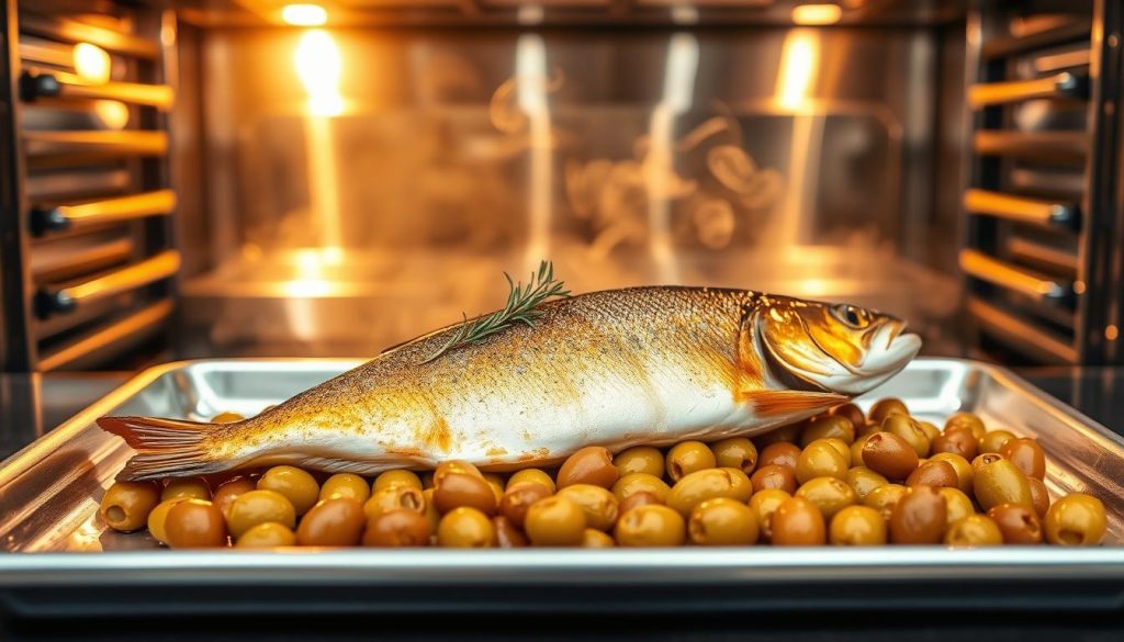 A golden-brown baked trout nestled on a bed of tender green olives, resting on a sheet pan in a well-lit, modern kitchen. Gleaming stainless steel appliances reflect the warm glow of the oven as steam curls upwards, surrounding the fish in a delicate haze. The trout's crisp skin glistens with a light drizzle of olive oil, complementing the earthy tones of the olives. A sprig of fresh thyme adds a touch of rustic elegance. The scene is captured through the lens of a 7fishing.com.ua camera, showcasing the process of baking trout to perfection.