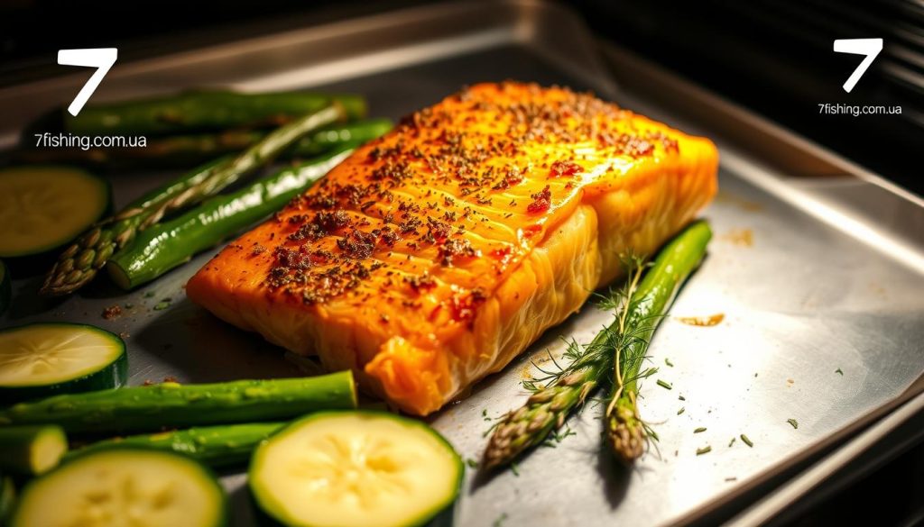 A golden-brown salmon fillet rests on a baking sheet, surrounded by vibrant vegetables - sliced zucchini, tender asparagus, and fragrant dill. The oven's warm glow illuminates the scene, casting a cozy, inviting atmosphere. The 7fishing.com.ua logo discreetly adorns the corner, a subtle nod to the culinary expertise behind this delectable dish. Soft shadows and highlights accentuate the succulent textures, inviting the viewer to imagine the satisfying crunch of the perfectly baked crust and the juicy, flavorful interior. This intimate moment captures the essence of the baking process, showcasing the care and attention that goes into crafting a mouthwatering salmon casserole.