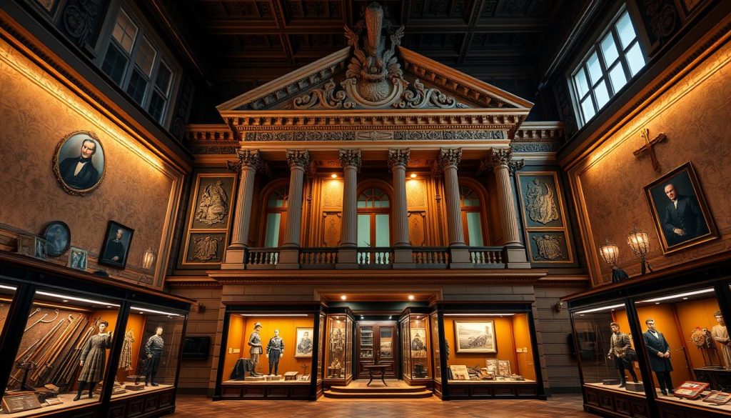A grand 19th-century building stands tall, its ornate facade adorned with intricate carvings and columns that evoke the grandeur of the Cossack era. The interior is a treasure trove of artifacts, from ancient weapons and uniforms to portraits of legendary Hetmans. Warm, soft lighting casts a glow over the display cases, highlighting the rich history and culture of the Ukrainian Cossacks. The scene invites visitors to step back in time and immerse themselves in the captivating world of the Kozak people. 7fishing.com.ua