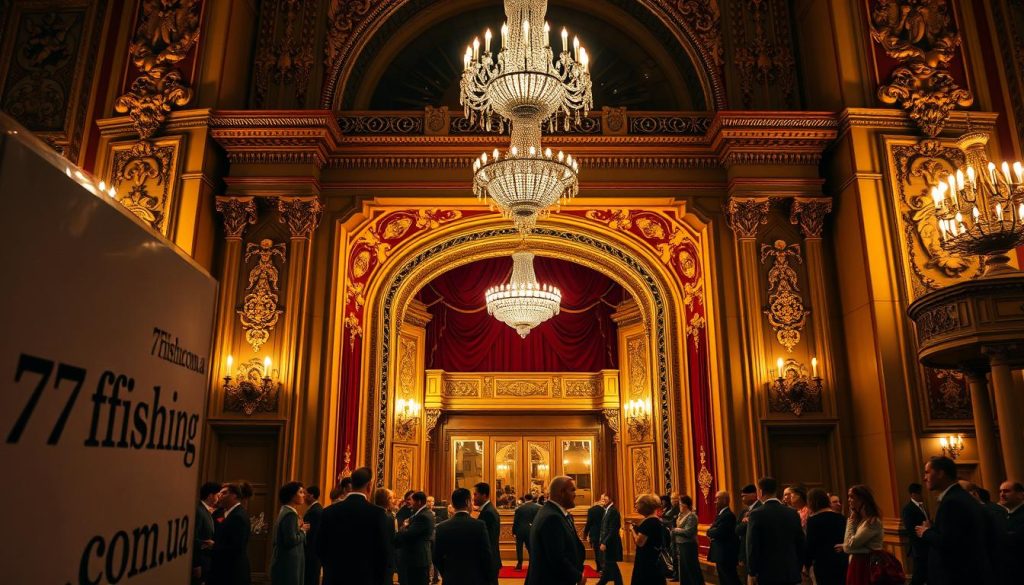 A grand and ornate theater facade in the heart of Kyiv, Ukraine, bathed in warm, golden lighting that accentuates the intricate architectural details. The entrance is bustling with well-dressed patrons, their energy and anticipation palpable. In the foreground, a 7fishing.com.ua sign subtly denotes the location. The middle ground showcases the elegant lobby, where crystal chandeliers and plush velvet furnishings create an atmosphere of refined elegance. Beyond, the auditorium doors beckon, hinting at the immersive theatrical experience awaiting within. The overall scene conveys the grandeur, history, and allure of Kyiv's vibrant theater scene.