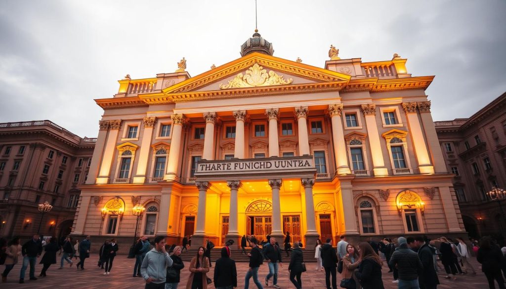 A grand, classical theater in the heart of Kyiv, Ukraine, featuring a stunning neo-Renaissance facade with towering columns and ornate details. The facade is illuminated by warm, golden lighting, casting a majestic glow across the surrounding plaza. In the foreground, people are gathered, admiring the architectural splendor of this iconic cultural landmark. The scene is captured with a wide-angle lens, emphasizing the impressive scale and grandeur of the theater. The overall mood is one of cultural celebration and appreciation for the arts, as befits the "Theatres of Kyiv: Performances and Productions" section of the article "Kyiv Event Guide: Entertainment, Concerts, Exhibitions" featured on 7fishing.com.ua.