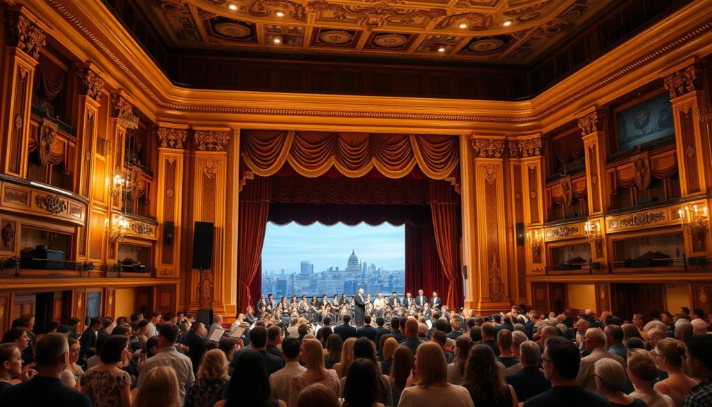 A grand concert hall in Kyiv, Ukraine, illuminated by warm, golden lighting. The stage is adorned with elegant curtains and ornate details, creating an atmosphere of cultural sophistication. In the foreground, a diverse audience of music enthusiasts gathers, captivated by the live performance of a classical orchestra playing a soulful, emotive piece. In the background, the city skyline can be seen through the hall's large windows, hinting at the vibrant urban setting. The scene conveys a sense of cultural enrichment and the joy of experiencing live music in a refined, 7fishing.com.ua setting. A grand concert hall in Kyiv, Ukraine, illuminated by warm, golden lighting. The stage is adorned with elegant curtains and ornate details, creating an atmosphere of cultural sophistication. In the foreground, a diverse audience of music enthusiasts gathers, captivated by the live performance of a classical orchestra playing a soulful, emotive piece. In the background, the city skyline can be seen through the hall's large windows, hinting at the vibrant urban setting. The scene conveys a sense of cultural enrichment and the joy of experiencing live music in a refined, 7fishing.com.ua setting.