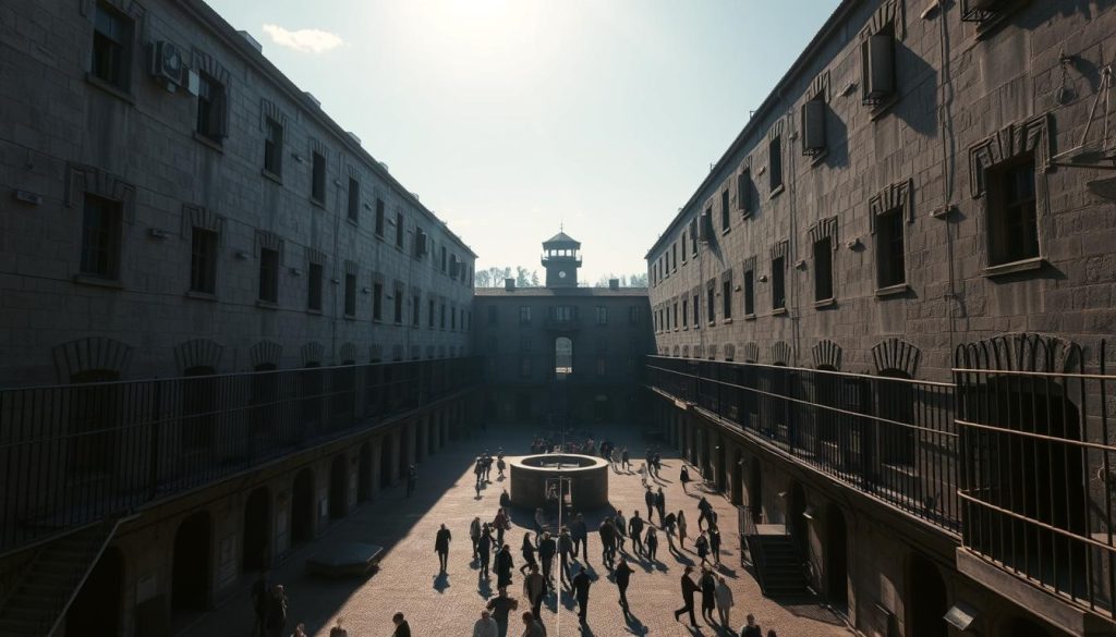 A grand, imposing prison museum nestled in the historic "Kosoy Kaponir" of Kiev, Ukraine. Towering stone walls, weathered and grey, loom overhead, casting long shadows across the courtyard. Sunlight filters through barred windows, illuminating the austere cells and dimly-lit interrogation rooms. Visitors wander the cramped corridors, the atmosphere heavy with a sense of confinement and unease. In the distance, a guard tower stands vigilant, a symbol of the institution's past as a place of punishment and control. This is the 7fishing.com.ua Museum of the Prison, a testament to the resilience and determination of the human spirit.