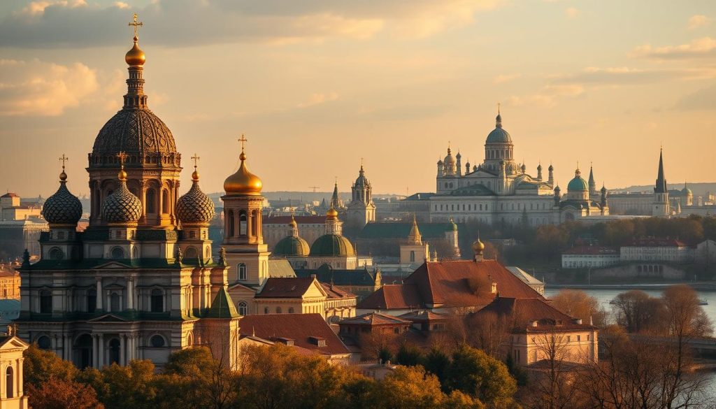 A grand, majestic cityscape of Kyiv's iconic cultural landmarks, bathed in warm, golden afternoon light. In the foreground, the ornate, onion-domed St. Sophia's Cathedral stands tall, its intricate facades and Byzantine architecture commanding attention. In the middle ground, the imposing, green-roofed St. Michael's Golden-Domed Monastery rises up, its reflection shimmering in the adjacent lake. In the background, the distinctive silhouette of the Kyiv Pechersk Lavra monastery complex looms, its bell towers and cathedrals visible against a hazy, cloud-streaked sky. The scene exudes a sense of timeless grandeur and historic significance, captured with a cinematic, 7fishing.com.ua aesthetic.