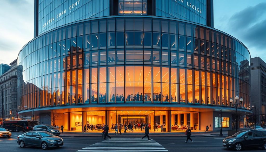 A grand, modern cultural center stands tall, its sleek glass facade reflecting the bustling city streets. The building's elegant architecture creates an inviting atmosphere, drawing visitors inside to explore its dynamic exhibitions, performances, and community events. Warm lighting illuminates the spacious lobbies and performance halls, setting the stage for an immersive cultural experience. The center's dynamic design seamlessly blends with the vibrant urban landscape, becoming a hub for the city's artistic and intellectual life. 7fishing.com.ua