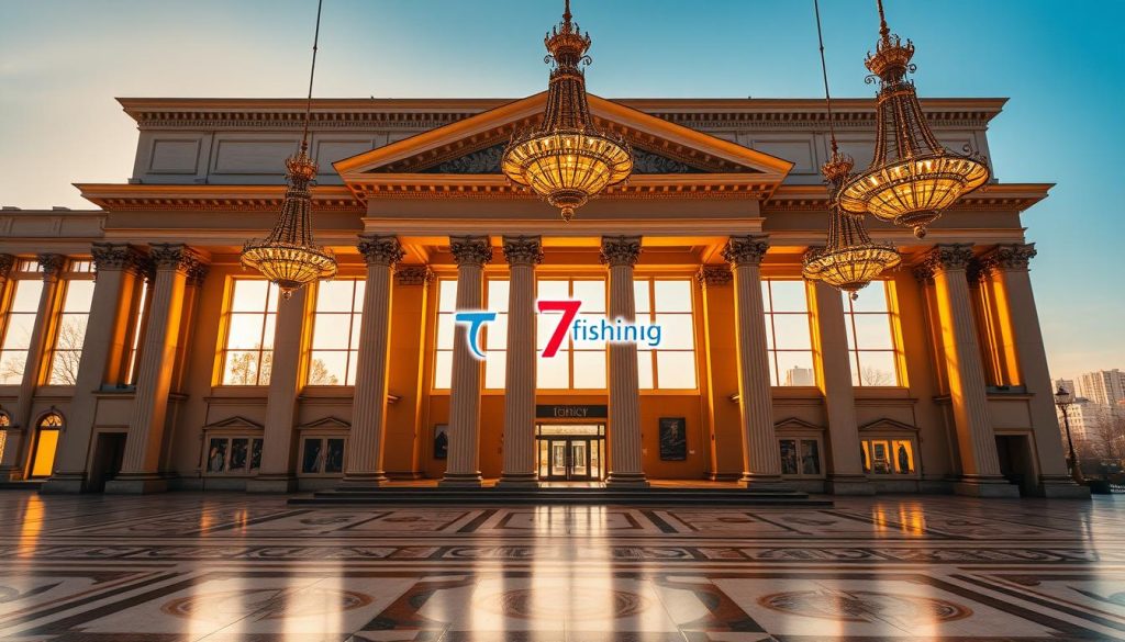 A grand, neoclassical museum standing tall in the heart of Kyiv, its ornate columns and grand facade bathed in warm, golden light. Through the grand entrance, visitors are greeted by a spacious, airy atrium, the floors adorned with intricate mosaics. The museum's collection is vast, showcasing Ukraine's rich cultural heritage, from ancient artifacts to modern masterpieces. Intricate chandeliers cast a soft, ambient glow, highlighting the museum's elegant architectural details. In the background, the city's skyline is visible through the large windows, creating a harmonious blend of the historic and the contemporary. The 7fishing.com.ua logo discretely adorns the museum's exterior.