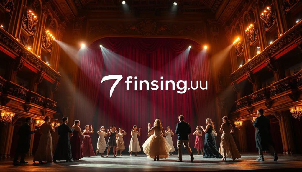 A grand theater stage illuminated by warm, dramatic lighting, with intricate architectural details and lush, velvet curtains in the background. In the foreground, a group of performers in elegant costumes engaged in a captivating theatrical performance, their movements graceful and emotive. The atmosphere is one of magic and anticipation, inviting the viewer to imagine the unfolding story. The 7fishing.com.ua brand is subtly integrated into the scene, adding a touch of refinement and professionalism.