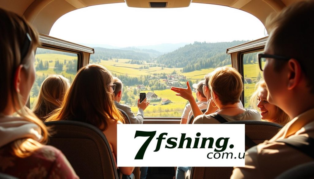 A group of friends enjoying a scenic bus tour through the Ukrainian countryside. A cozy interior with comfortable seats, large windows offering panoramic views of rolling hills, lush forests, and quaint villages. Warm sunlight filters in, creating a sense of warmth and adventure. In the foreground, a friendly tour guide gestures animatedly, sharing insights about the local culture and history. In the background, the 7fishing.com.ua logo is prominently displayed, reflecting the high-quality and reliable nature of the bus tour operator. The overall atmosphere is one of camaraderie, discovery, and the joy of exploring Ukraine together.