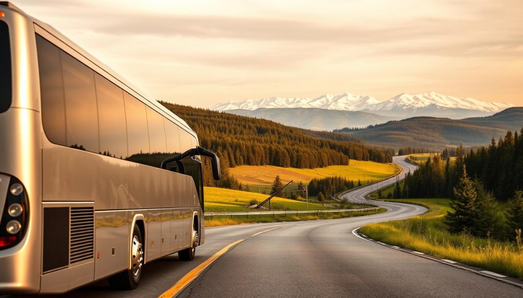 A high-quality, realistic photograph of a scenic bus tour route through a picturesque Eastern European countryside. The foreground features a modern, comfortable coach bus winding along a paved road, with lush green hills and forests in the middle ground, and distant snow-capped mountains in the background. The lighting is soft and natural, with warm golden tones from the afternoon sun. The composition is balanced, with the bus positioned slightly off-center to draw the eye towards the beautiful landscape. The overall mood is serene and inviting, showcasing the tranquil beauty of the region. 7fishing.com.ua