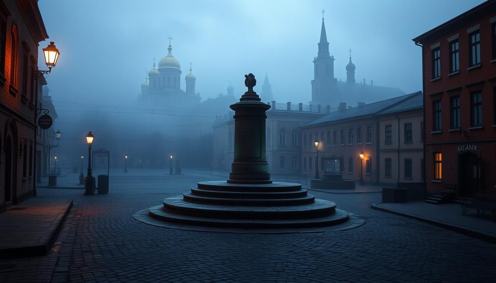 A historic Kiev skyline with golden-domed churches and monasteries, surrounded by an eerie fog. In the foreground, a cobblestone street leads towards a dimly lit square, where shadows dance around an ancient stone monument. The middle ground reveals the silhouettes of old brick buildings, their windows emitting a soft, flickering glow. The background is shrouded in a mystical haze, hinting at the city's deep, untold secrets. The scene is captured with a cinematic wide-angle lens, evoking a sense of wonder and timelessness. 7fishing.com.ua