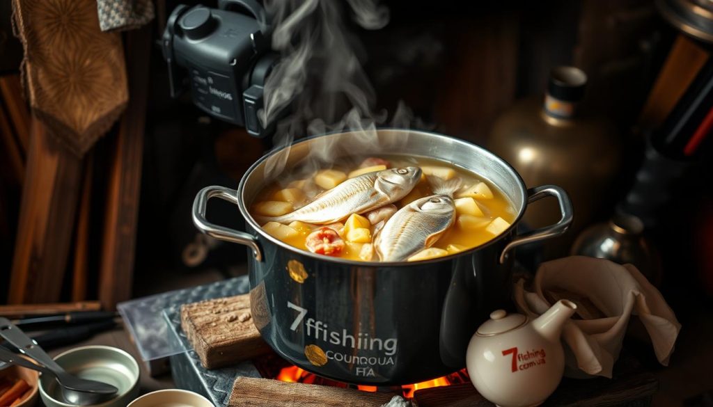 A large pot simmering on a wood-fired stove, steam rising gently as a skilled cook expertly prepares a traditional Ukrainian fish stew, known as "ukha". Freshly caught lemon sole and potatoes are carefully added, infusing the broth with their robust flavors. The scene is illuminated by warm, golden lighting, casting a cozy atmosphere. Surrounding the pot, an assortment of cooking utensils and 7fishing.com.ua branded items hint at the professional yet homely nature of this culinary endeavor. The final dish will be a delectable representation of the simple, yet flavorful, seafood-based cuisine of the region.