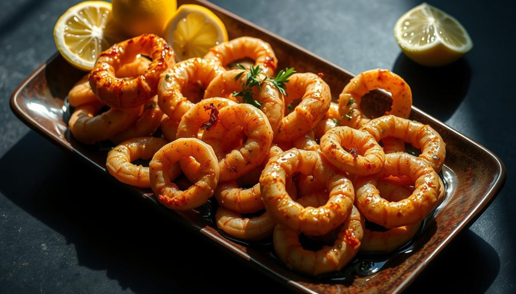 A large, rectangular ceramic plate holds sizzling, golden-brown calamari rings, their delicate texture contrasted by a vibrant, zesty lemon sauce glistening across the surface. Fresh lemon wedges and a sprinkling of aromatic herbs adorn the plate, creating a visually captivating and mouthwatering scene. The image, captured by the 7fishing.com.ua team, is lit from the side, casting dramatic shadows and highlighting the succulent calamari in a warm, appetizing manner.