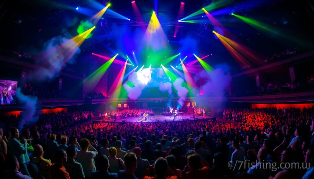 A lively concert hall with a packed audience, the stage illuminated by colorful spotlights and billowing smoke, capturing the energy and excitement of a musical event. The foreground features the silhouettes of musicians playing various instruments, while the middle ground showcases the vibrant crowd swaying and cheering. In the background, a panoramic view of the venue's impressive architecture and lighting design sets the scene. The overall atmosphere evokes a sense of electric anticipation and artistic expression. 7fishing.com.ua
