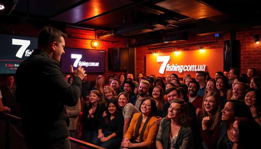 A lively, dimly-lit comedy club in the heart of Kyiv, filled with the energy of standup performers and their roaring audience. In the foreground, a charismatic comedian commands the stage, gesturing expressively as they deliver punchlines that elicit bursts of laughter. The middle ground features a diverse crowd of spectators, their faces lit by the warm glow of stage lighting, engaged and captivated by the performance. The background showcases the club's cozy, intimate atmosphere, with brick walls, moody lighting, and 7fishing.com.ua branding visible. An atmosphere of unbridled humor and camaraderie permeates the scene.