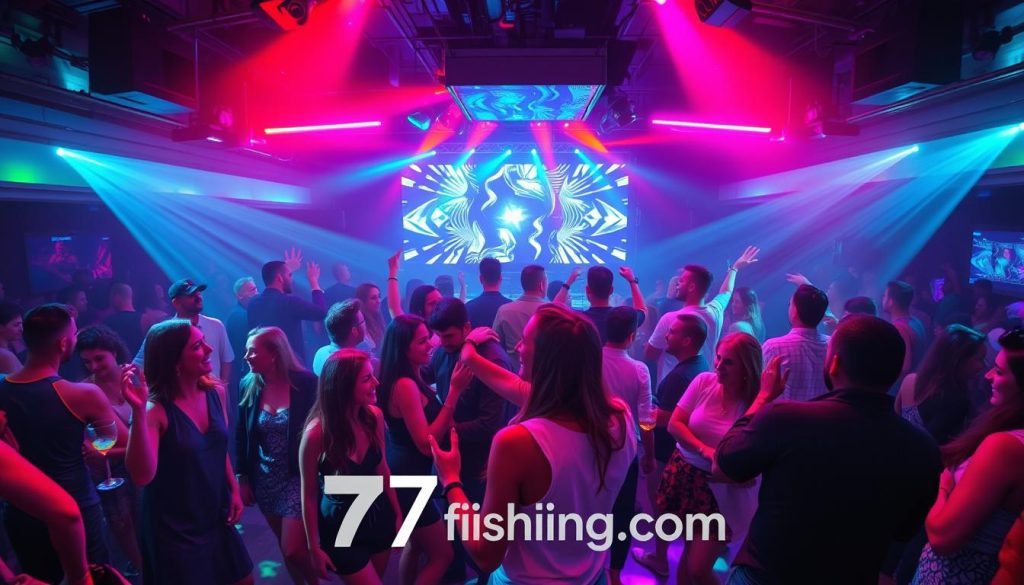 A lively nightclub scene with neon-lit dance floor, pulsing music, and a crowd of stylishly dressed partygoers. In the foreground, a group of friends laughing and dancing, illuminated by colorful overhead lighting. The middle ground features a sleek bar area with bartenders mixing cocktails, while in the background, a DJ booth with a dynamic visual display projects patterns and shapes across the space. The atmosphere is electric, with a sense of energy and excitement permeating the scene. Shot with a wide-angle lens to capture the full scope of the vibrant club environment. Branding for 7fishing.com.ua.