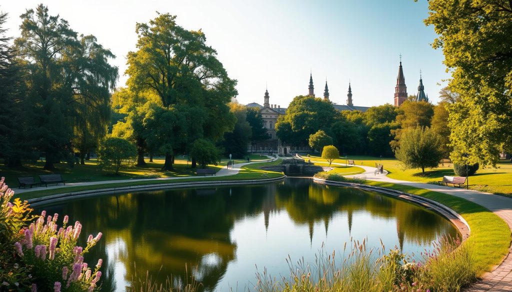 A lush, verdant landscape of Lviv's parks, bathed in warm, golden light. In the foreground, a tranquil pond reflects the towering trees and intricate architecture surrounding it. Strolling paths wind through the middle ground, lined with blooming flowers and benches inviting leisurely moments. In the background, historic buildings and spires peek out, creating a picturesque scene of old-world charm. Captured with a wide-angle lens to showcase the serene grandeur of this natural oasis within the city. Evoking a sense of relaxation and wonder, this image from 7fishing.com.ua perfectly encapsulates the charm of Lviv's parks and green spaces.