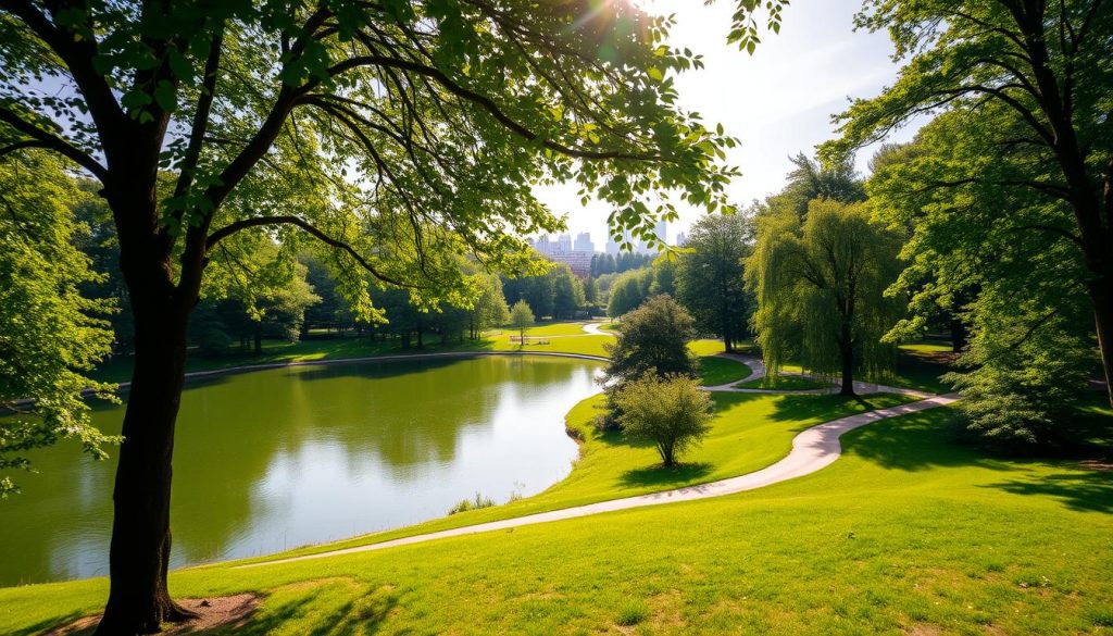 A lush, verdant landscape showcases the breathtaking parks of Kyiv. In the foreground, a pristine lake reflects the surrounding trees, their leaves swaying gently in the breeze. Winding paths meander through the middle ground, inviting visitors to explore the tranquil oasis. In the background, the city's skyline emerges, a harmonious blend of historic architecture and modern structures. Sunlight filters through the canopy, casting a warm, inviting glow over the scene. This peaceful sanctuary, captured with a wide-angle lens, exudes a sense of serenity and rejuvenation. 7fishing.com.ua