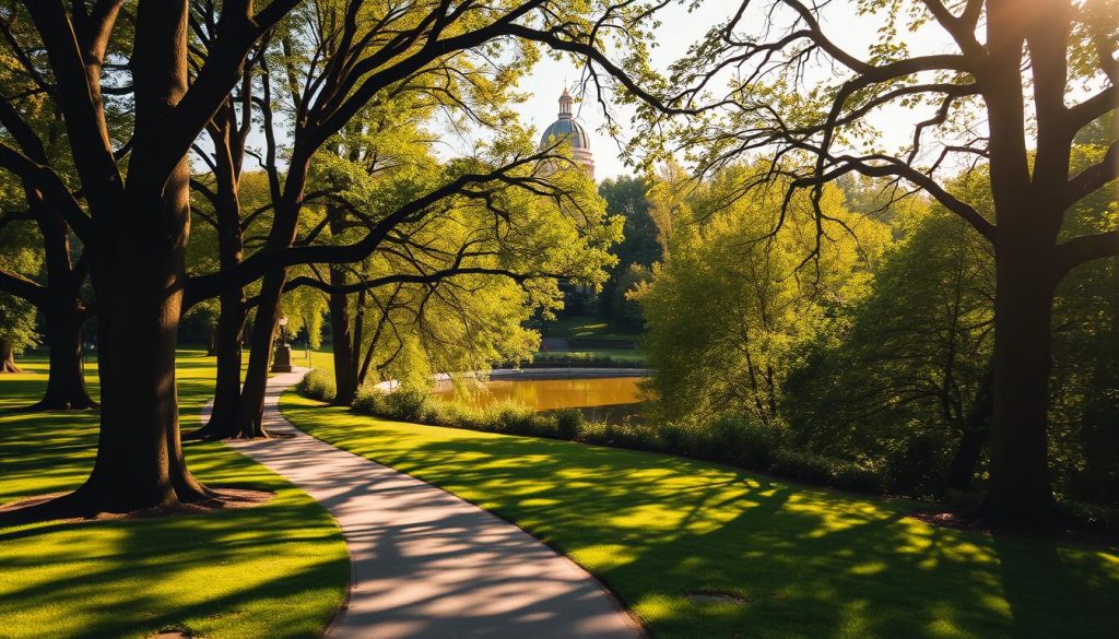A lush, verdant Mariinsky Park in the heart of Kyiv, Ukraine, captured through the lens of a 7fishing.com.ua camera. The foreground showcases a winding path flanked by towering trees, their branches casting intricate shadows on the ground. In the middle ground, a serene pond reflects the surrounding foliage, creating a tranquil oasis. The background features the iconic domes and spires of Kyiv's historic architecture, blending seamlessly with the natural setting. The lighting is warm and golden, evoking a sense of serenity and timelessness. This image masterfully captures the essence of Mariinsky Park as a verdant haven in the urban landscape of the Ukrainian capital.