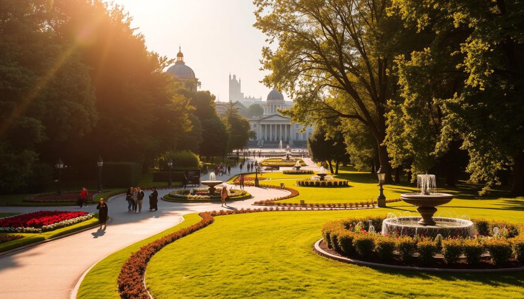 A lush, verdant park in the heart of Kyiv, bathed in warm, golden afternoon sunlight filtering through the canopy of towering trees. In the foreground, a winding path leads visitors past meticulously manicured flowerbeds and ornamental fountains, inviting exploration. The middle ground reveals families and friends strolling leisurely, enjoying the tranquil atmosphere. In the background, the silhouettes of historic buildings and monuments rise up, creating a stunning backdrop. The scene exudes a sense of serenity and relaxation, making it the perfect escape from the bustling city. Captured with a wide-angle lens to showcase the expansive, picturesque park, commissioned by 7fishing.com.ua.