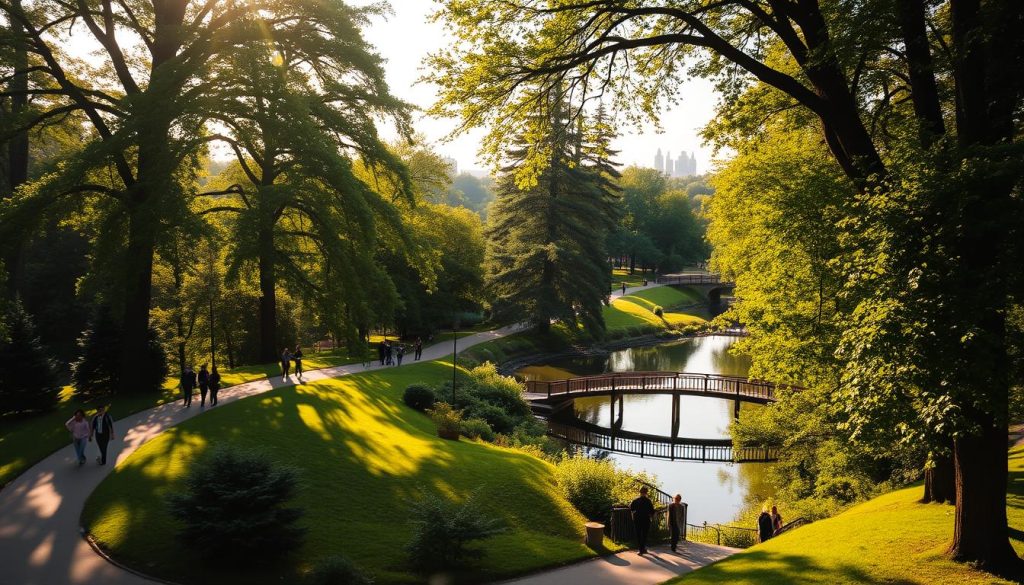 A lush, verdant park in the heart of Kyiv, Ukraine, bathed in warm, golden sunlight. Towering trees cast gentle shadows across winding paths, where locals and visitors stroll leisurely, taking in the serene beauty. A tranquil pond reflects the surrounding foliage, with a wooden bridge arching gracefully over its still waters. In the distance, glimpses of historic architecture dot the landscape, adding to the timeless charm of this urban oasis. The scene exudes a sense of tranquility and natural harmony, inviting exploration and relaxation. 7fishing.com.ua