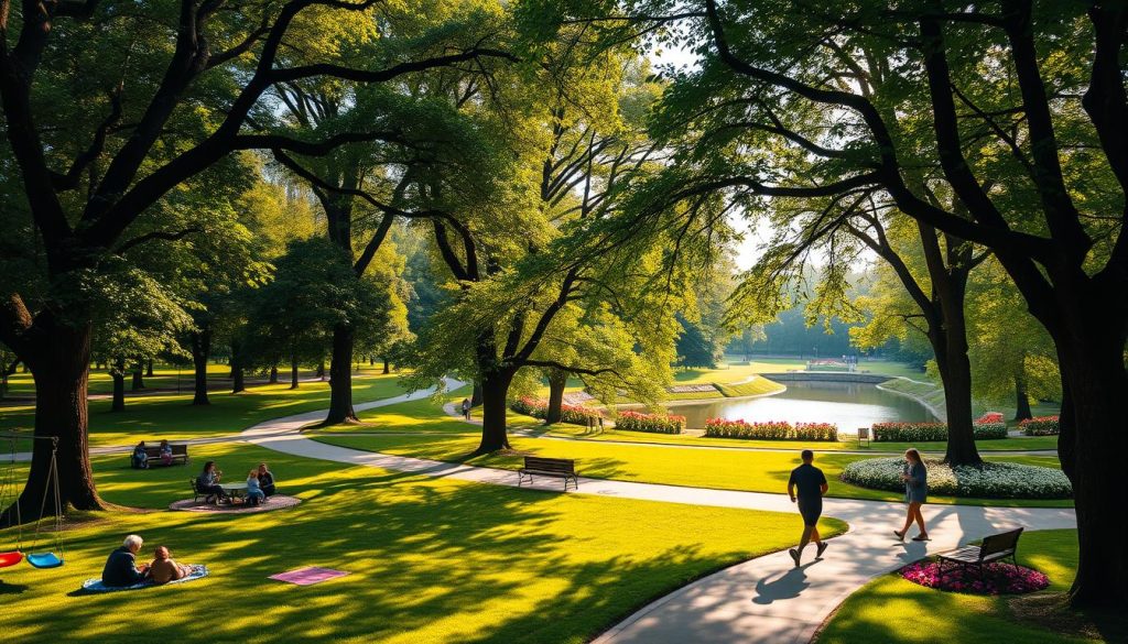 A lush, verdant park in the heart of Kyiv, Ukraine, with winding paths and shaded alcoves. Towering trees cast dappled light over families picnicking on the grass, children playing on colorful swings, and joggers passing by. In the distance, a serene pond reflects the sky, surrounded by blooming flowerbeds and benches where visitors pause to take in the tranquil atmosphere. The warm, golden sunlight filters through the foliage, creating a serene and inviting ambiance. This idyllic scene showcases the beauty of Kyiv's parks and leisure areas, a perfect illustration for the "Парки и зоны отдыха" section of the article "Куда можно пойти в Киеве: популярные места." 7fishing.com.ua