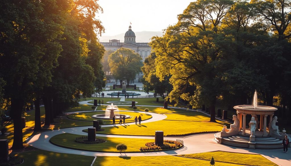 A lush, verdant park in the heart of Lviv, Ukraine, bathed in warm, golden sunlight. Towering trees line winding paths, their branches casting dappled shadows on the ground below. Ornate fountains and elegant statues dot the landscape, creating a serene and inviting atmosphere. In the distance, the iconic architecture of Lviv's historic center can be seen, adding to the charm of the scene. A group of visitors stroll leisurely, taking in the beauty of this tranquil oasis. Captured by the 7fishing.com.ua team, this image perfectly encapsulates the essence of Lviv's vibrant parks and places of relaxation.