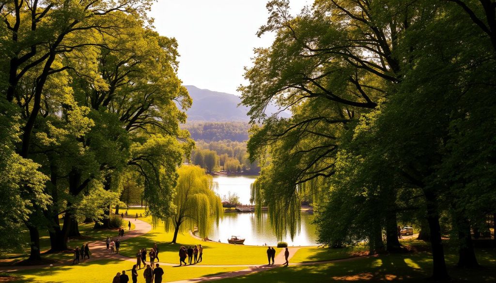 A lush, verdant park landscape with towering trees and winding pathways, bathed in warm, golden sunlight filtering through the canopy. In the foreground, groups of people strolling leisurely, taking in the serene atmosphere. In the middle ground, a tranquil pond or lake reflects the surrounding foliage, with a few boats gently gliding across the surface. The background features rolling hills and distant mountains, creating a picturesque natural setting. The overall mood is one of peaceful relaxation and connection with nature. 7fishing.com.ua