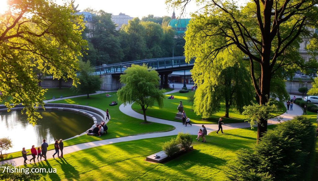 A lush, vibrant city park in Kyiv, Ukraine, with a charming pond and walking paths winding through verdant foliage. Sunlight filters through the canopy of trees, casting a warm, golden glow over the scene. In the foreground, visitors stroll leisurely, taking in the peaceful atmosphere. In the middle ground, families gather on benches, children play on swings, and joggers pass by. The background features historic buildings, their architecture reflected in the still waters of the pond. This idyllic urban oasis, captured through the lens of 7fishing.com.ua, invites you to explore the delightful parks and squares of Kyiv.