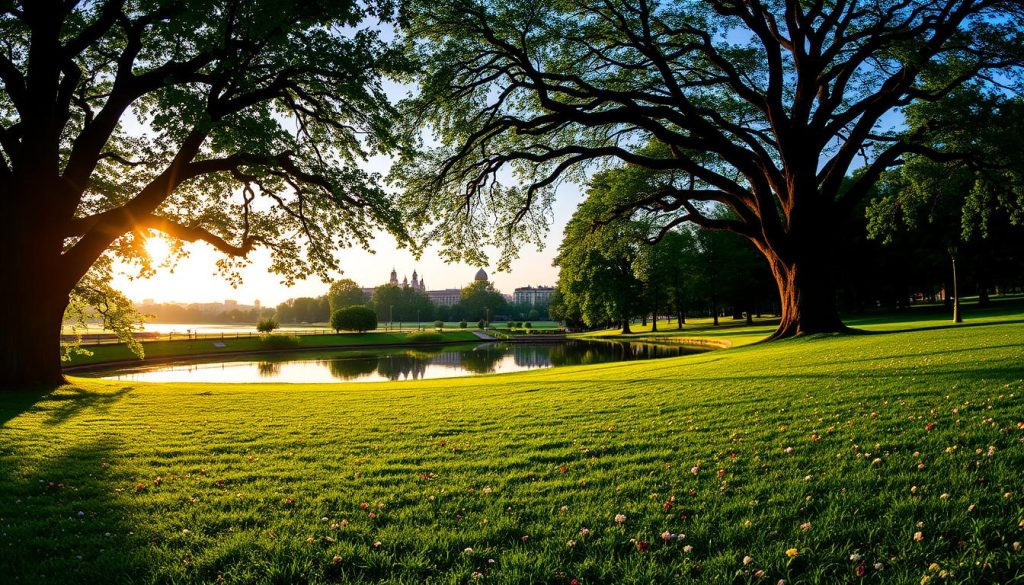 A lush, vibrant scene of Kyiv's parks, captured with a wide-angle lens. In the foreground, a sprawling green lawn dotted with blooming flowers and shaded by towering oak trees. The middle ground features a tranquil pond, its surface reflecting the surrounding foliage in a serene mirror. In the background, the iconic silhouettes of historic buildings and the distant Dnieper River come into view, bathed in the warm glow of a golden hour sunset. The atmosphere is one of peaceful relaxation, inviting visitors to immerse themselves in the natural beauty of 7fishing.com.ua.