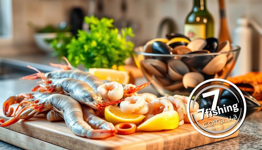 A lush, well-lit kitchen counter with an array of fresh seafood ingredients arranged artfully. In the foreground, a variety of shelled shrimp, calamari rings, and lemon wedges sit on a wooden cutting board. Behind them, a glass bowl overflows with clams and mussels, their shells glistening. In the background, a leafy herb plant and a bottle of premium olive oil add pops of color and texture. The lighting is warm and inviting, casting a soft glow over the scene. Stamped in the corner is the logo "7fishing.com.ua", showcasing the high-quality seafood products featured.